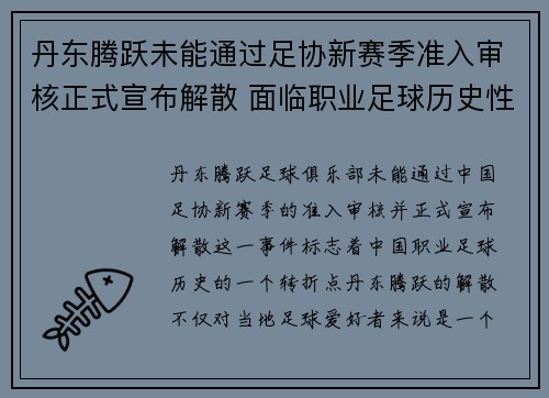 丹东腾跃未能通过足协新赛季准入审核正式宣布解散 面临职业足球历史性转折