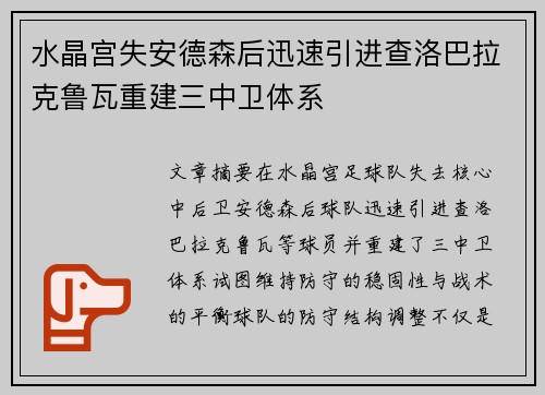 水晶宫失安德森后迅速引进查洛巴拉克鲁瓦重建三中卫体系