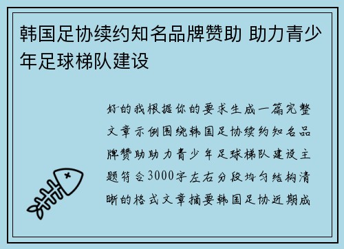 韩国足协续约知名品牌赞助 助力青少年足球梯队建设